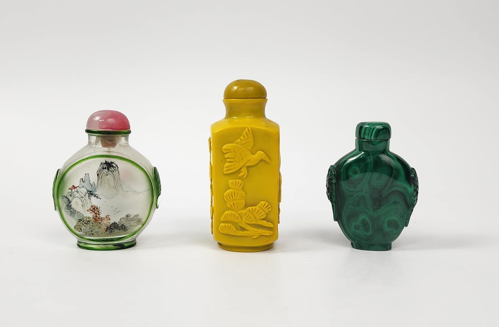 Lot of 3 Chinese  Export Glass & Malachite Snuff Bottles (1 of 9)