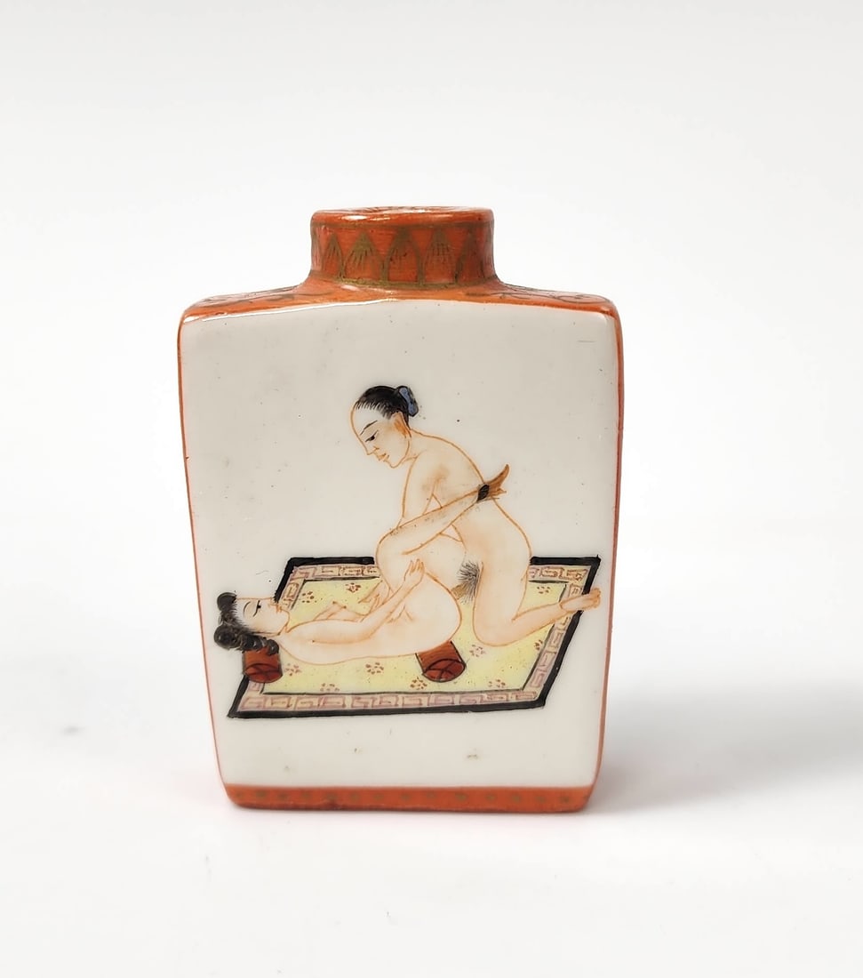 Antique Chinese Erotic Scene Porcelain Snuff Bottle: Antique Chinese Erotic Scene Porcelain Snuff Bottle, h. 2.25 inches, Qianliong marked, ca. 20th century. Provenance: Estate of a New York collector/ dealer. The collection assembled between early 1950