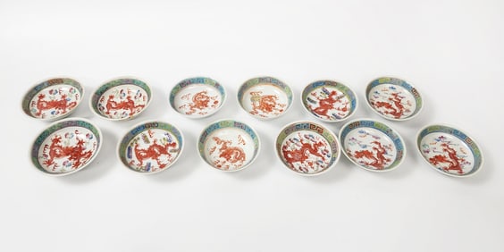 Group of 12 Chinese Famille Rose Porcelain Small Dragon Dishes