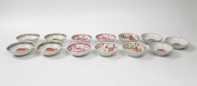 Group of 13 Chinese Famille Rose Porcelain Small Dragon Dishes