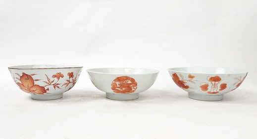 Lot of 3 Antique Chinese Tongzhi Marked Iron Red Decorated Bowls