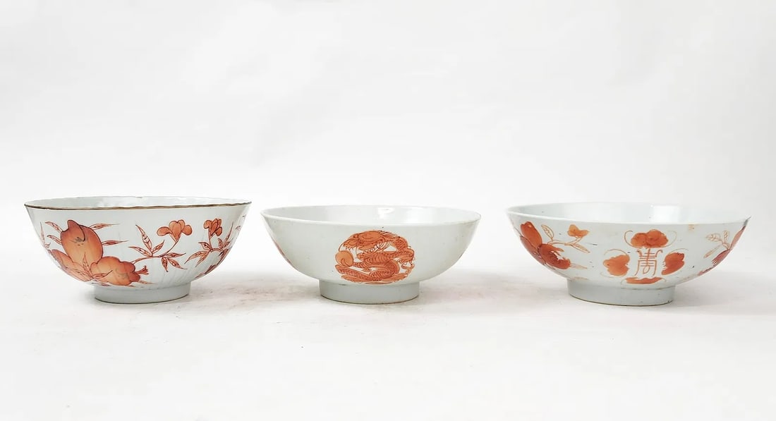 Lot of 3 Antique Chinese Tongzhi Marked Iron Red Decorated Bowls (1 of 10)