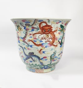 Antique Chinese Famille RoseLarge Porcelain Planter with Dragons