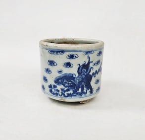 Antique Chinese Blue & White Porcelain Tripod Footed Bowl or Censer