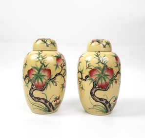 Pair of Chinese ExportYellow Glazed Porcelain Jars with Enameled Peaches