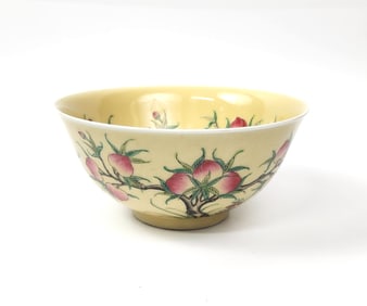 Chinese Export Yellow Glazed Porcelain Bowl with Enameled Peaches