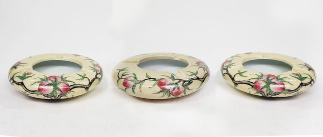 Set of 3 Chinese ExportYellow Glazed Porcelain Ashtrays with Enameled Peaches