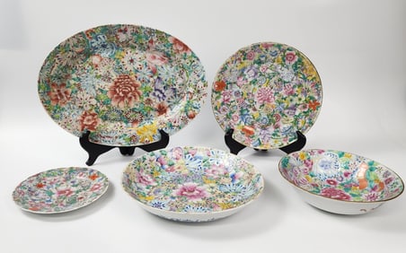 Group of Antique Chinese Famille Rose Mille Fleur Pattern Porcelain Dishes