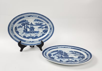 Chinese Export Canton Blue & White Porcelain Oval Platters