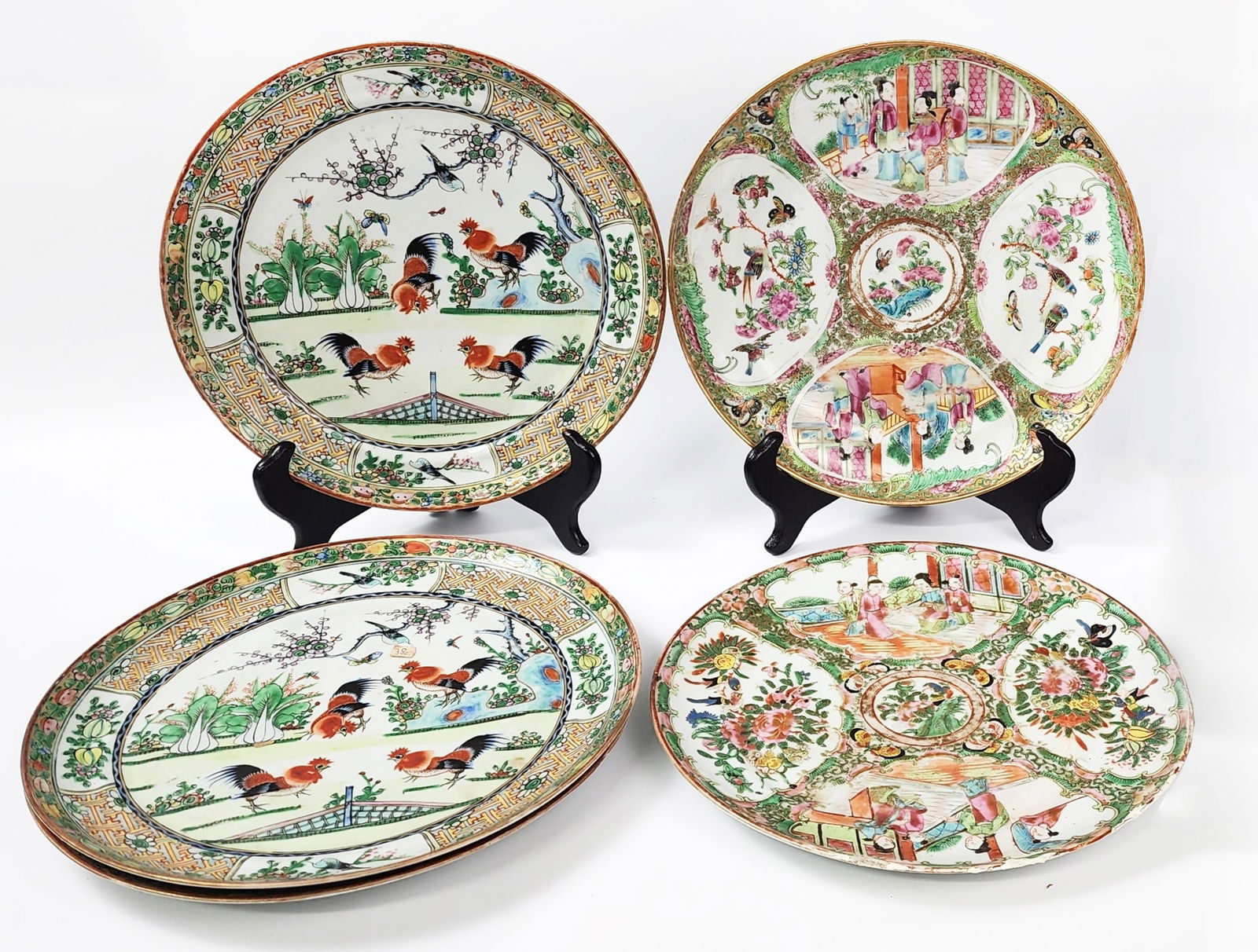 Lot of 5 Antique Chinese Export Famille Rose Porcelain Dinner Plates: Lot of 5 Antique Chinese Export Famille Rose Porcelain Dinner Plates, d. 9.75 inches, circa mid 19th - early 20th century. Provenance: Estate of a New York collector/ dealer. The collection assembled
