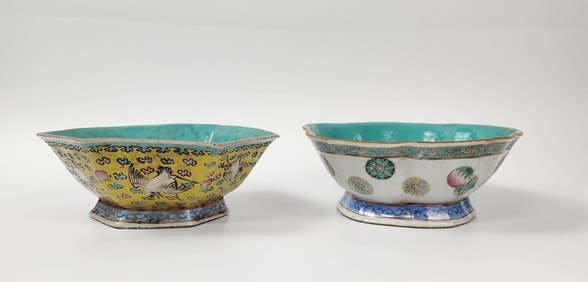 Lot of 2 Antique Chinese Famille Rose Porcelain Footed Bowls