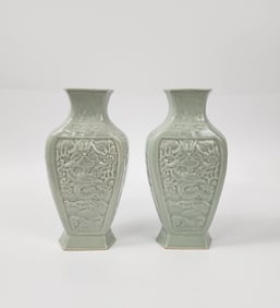 Pair of Chinese Export ROC Celadon Glazed Moulded Porcelain Dragon Vases