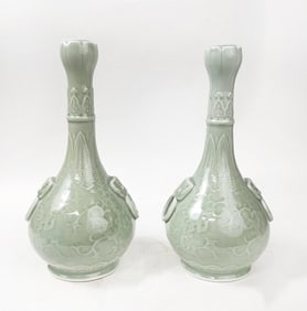 Pair of Chinese Export Celadon Glazed Garlic Mouth Vases