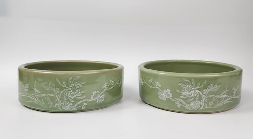 Pair Chinese Celadon Glazed & White Decorated Porcelain Cylindrical Bowls