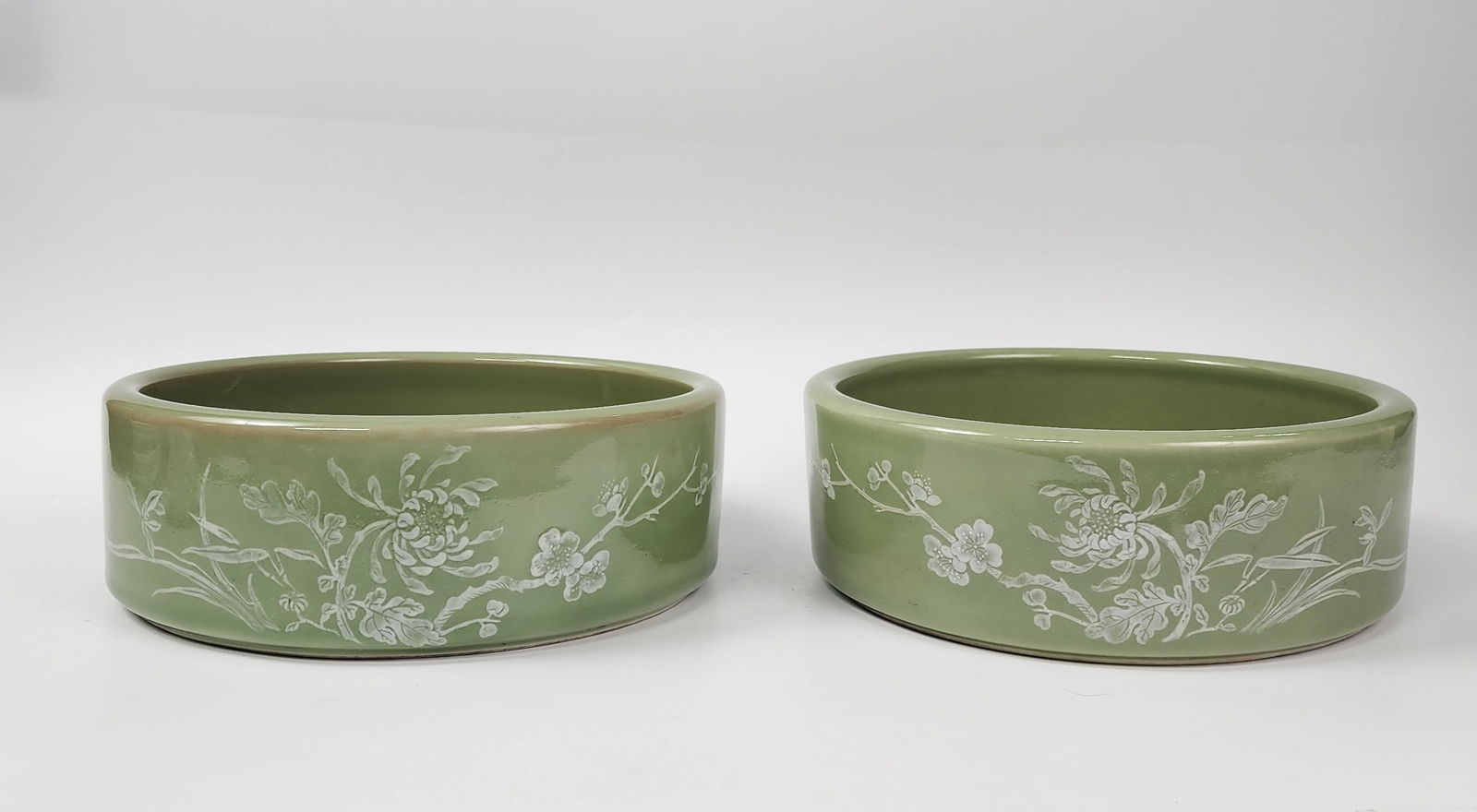 Pair Chinese Celadon Glazed & White Decorated Porcelain Cylindrical Bowls (1 of 9)