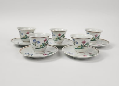 Set of 10 Chinese Jingdezhen Famille Rose Porcelain Wine Cups & Saucers