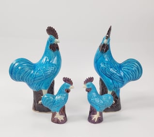 Lot of 4 Chinese Export Turquoise Glazed Porcelain Roosters