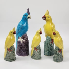 Lot of 5 Chinese Export Turquoise & Yellow Glazed Porcelain Parrots