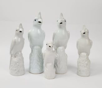 Lot of 5 Chinese Export White Glazed Porcelain Parrots
