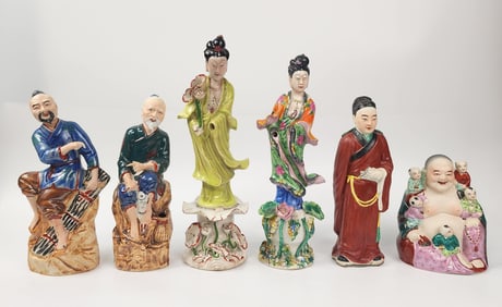 Lot of 6 Chinese Export Polychrome Glazed Porcelain Figures