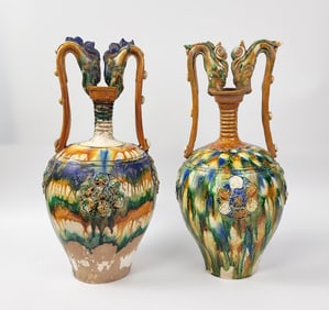 Lot of 2 Chinese Tang Style Sancai Glazed Pottery Vessels with Dragon Handles