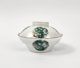 Antique Chinese Green Enameled Porcelain Dragon Bowl with Lid