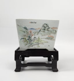 Antique Chinese Qianjiang Cai Porcelain Square Planter with Wooden Stand