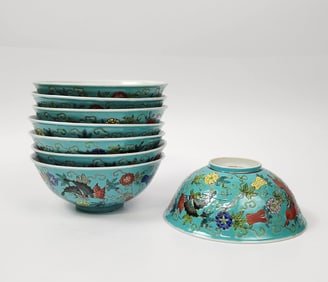 Set of 8 Chinese Export Jingdezhen Turquoise Enameled Porcelain Bowls with Butterflies