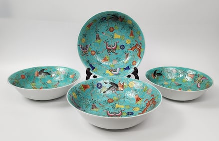 Lot of 4 Chinese Export Turquoise Enameled Porcelain Bowls with Butterflies