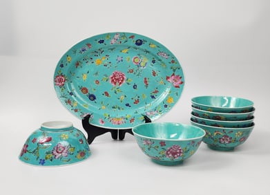Set of 6 Chinese Export Jingdezhen Turquoise Enameled Porcelain Bowls & Oval Platter