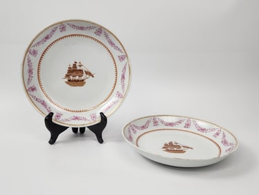 Pair of Chinese Export 18th C. Style Porcelain Armorial Plates with Ships