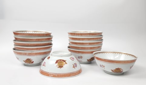 Set of 12 Chinese Export 18th C. Style Porcelain Armorial Bowls with Ships