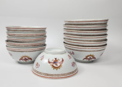 Set of 12 Chinese Export 18th C. Style Porcelain Armorial Bowls with Eagles