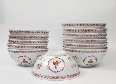 Set of 12 Chinese Export 18th C. Style Porcelain Indian Market Bowls with Elephants