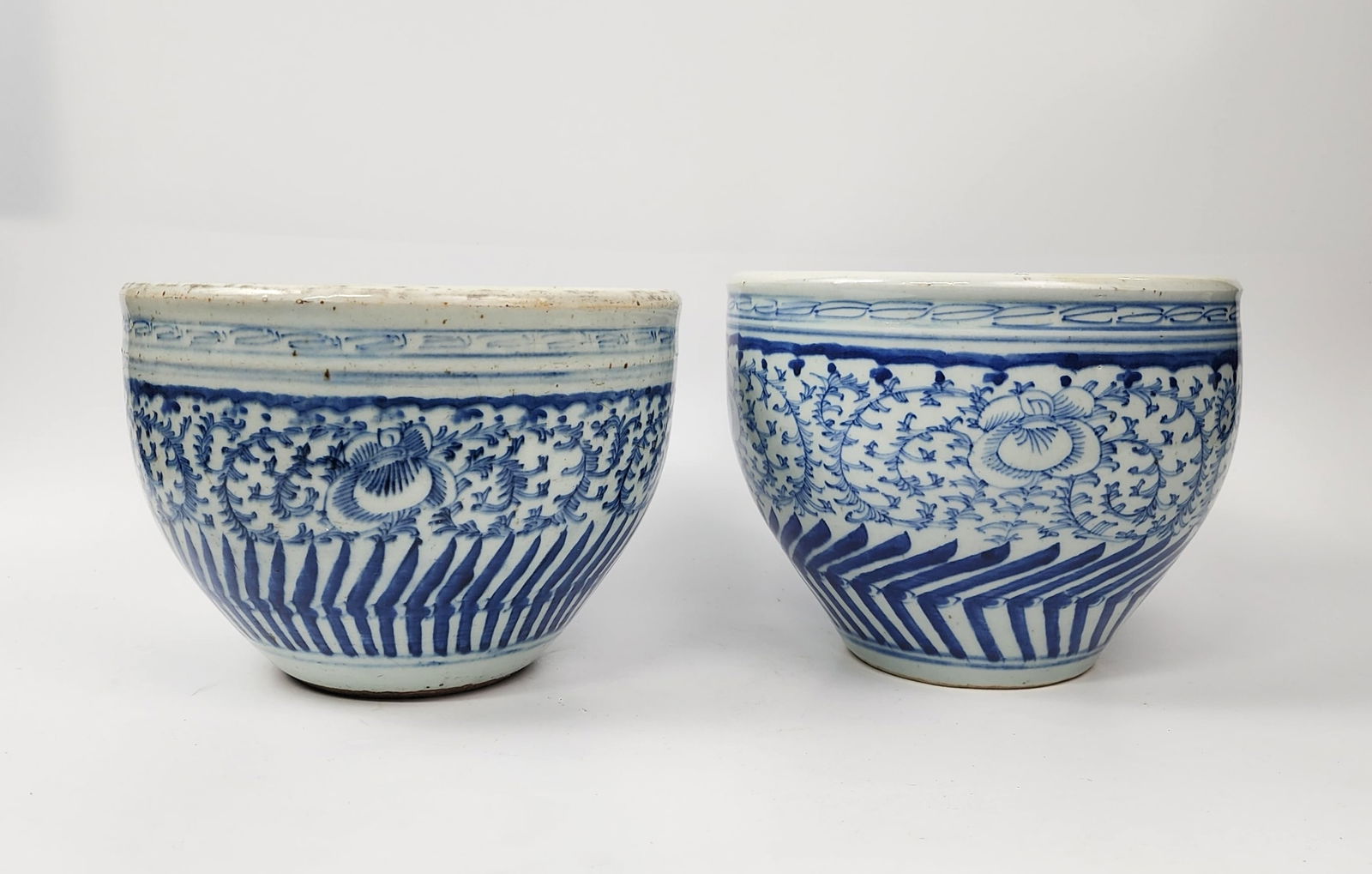 Pair of Antique Chinese Blue & White Porcelain Bowls: Pair of Antique Chinese Blue & White Porcelain Bowls, larger- d. 9.5 inches, h. 7.5 inches, circa early 20th century. Provenance: Estate of a New York collector/ dealer. The collection assembled betwe
