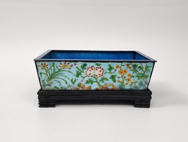 Chinese Export Enameled Metal Rectangular Planter with Wooden Stand