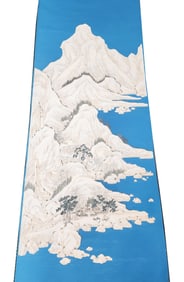 Chinese Export Hand Painted Wallpaper Panel With Blue Ground Landscape
