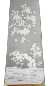 Chinese Export Floral Hand Painted Wallpaper Panel With French Blue Background