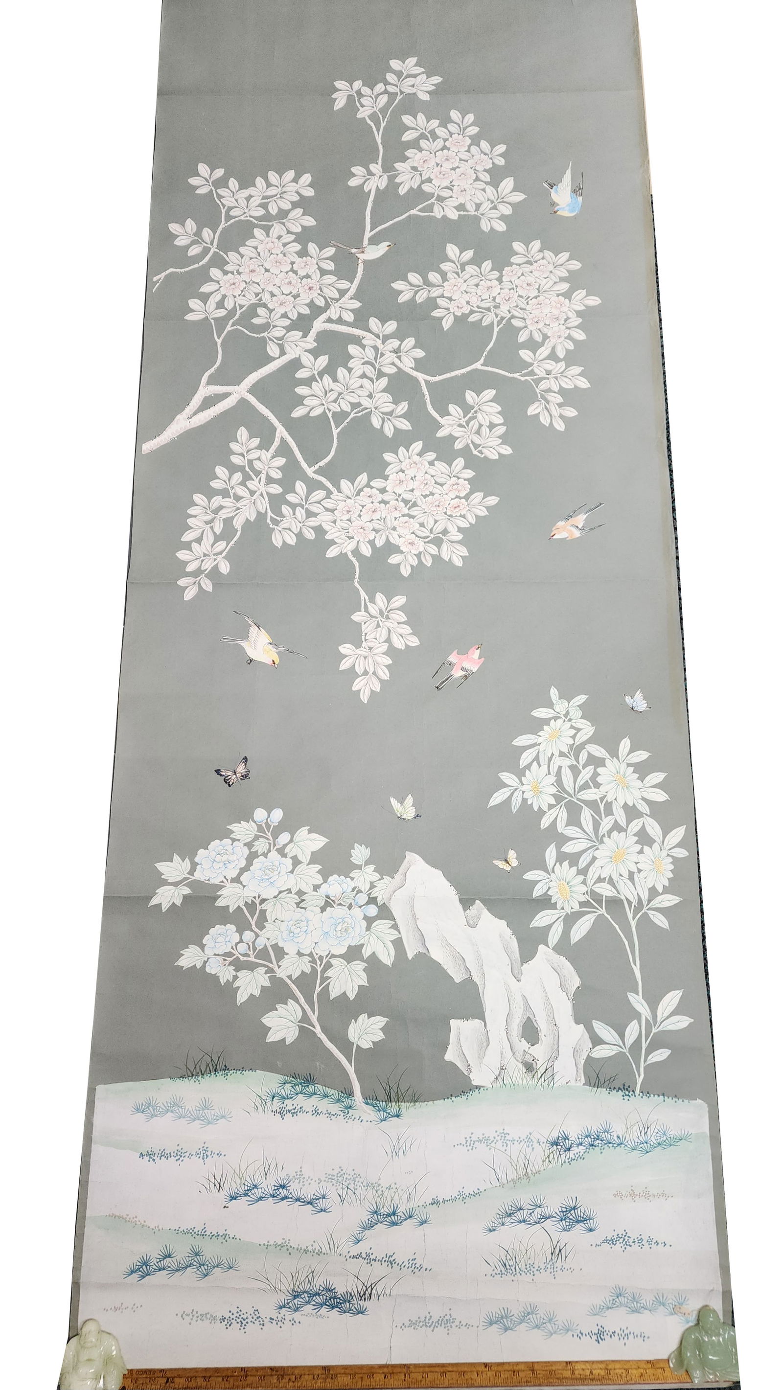 Chinese Export Floral Hand Painted Wallpaper Panel With French Blue Background (1 of 7)
