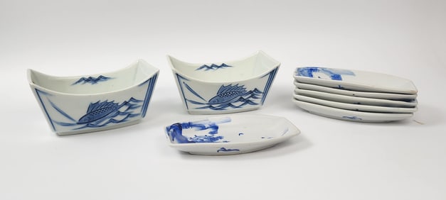 Lot of 8 Japanese Blue & White Porcelain Dishes