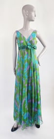 1960s Green, Blue & Purple Silk Chiffon Maxi Dress