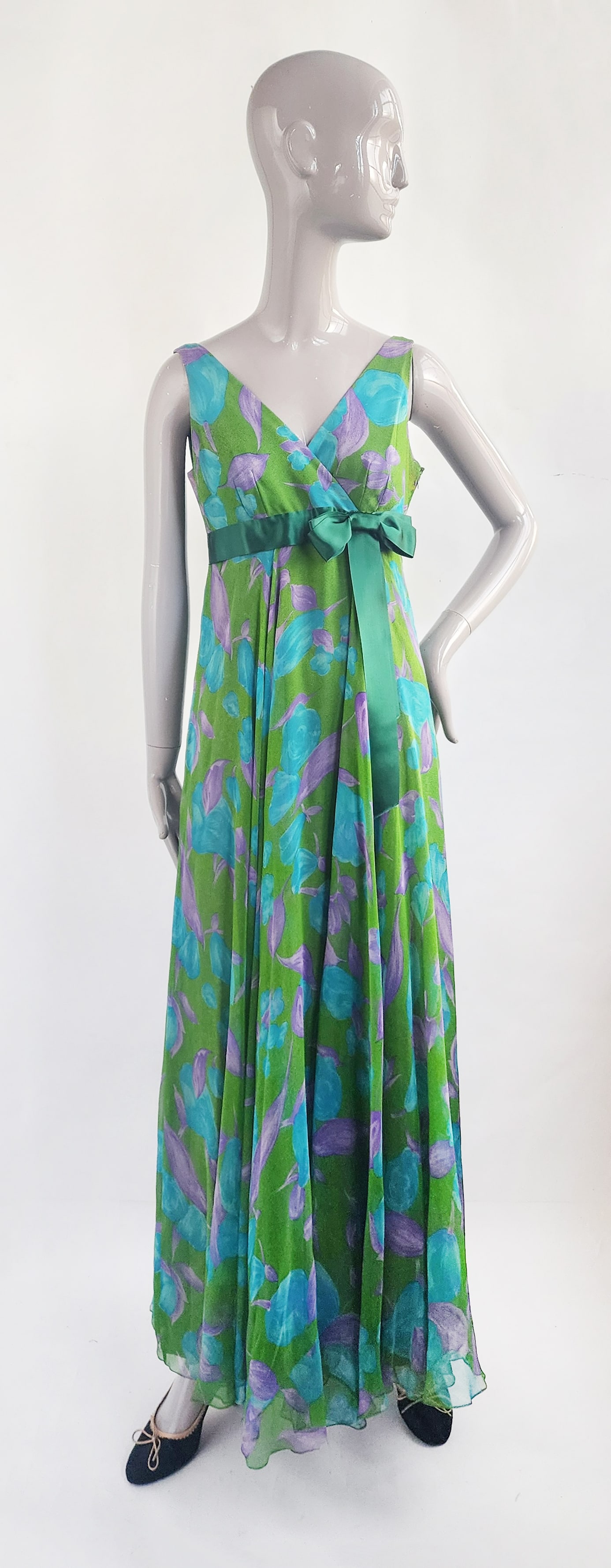 1960s Green, Blue & Purple Silk Chiffon Maxi Dress: Green, blue & purple floral print silk chiffon maxi length, empire waist dress, ca. 1960s. Provenance: Estate of Mary Stone Phipps (1936-2022) (Mrs. Howard Phipps Jr.), Erchless House, Old Westbury, N