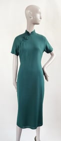 House of Pan New York Pine Green Wool Crepe Chinese Qipao Dress