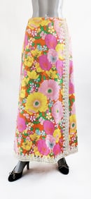 Custom Made Multicolor Floral Print Maxi Wrap Skirt, ca. 1970s