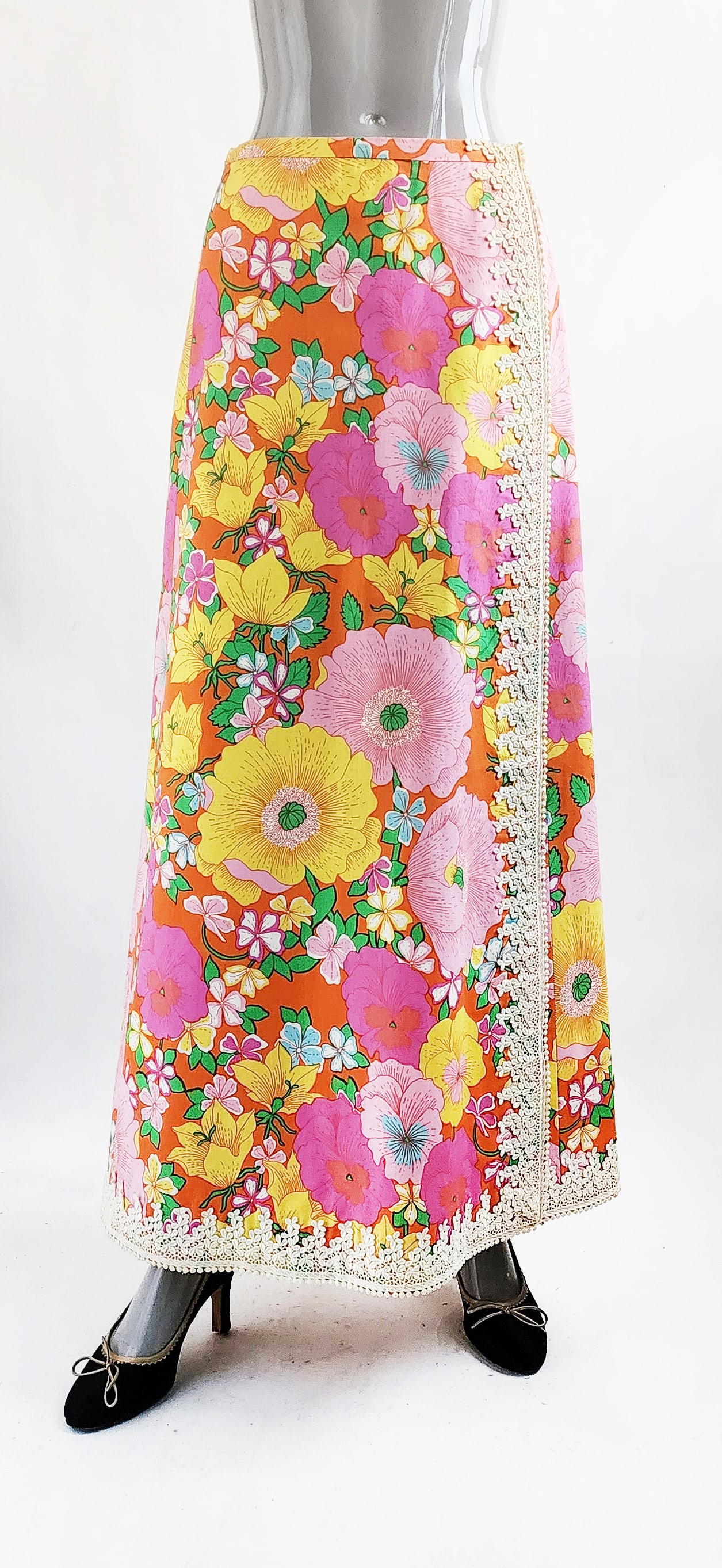 Custom Made Multicolor Floral Print Maxi Wrap Skirt, ca. 1970s (1 of 3)
