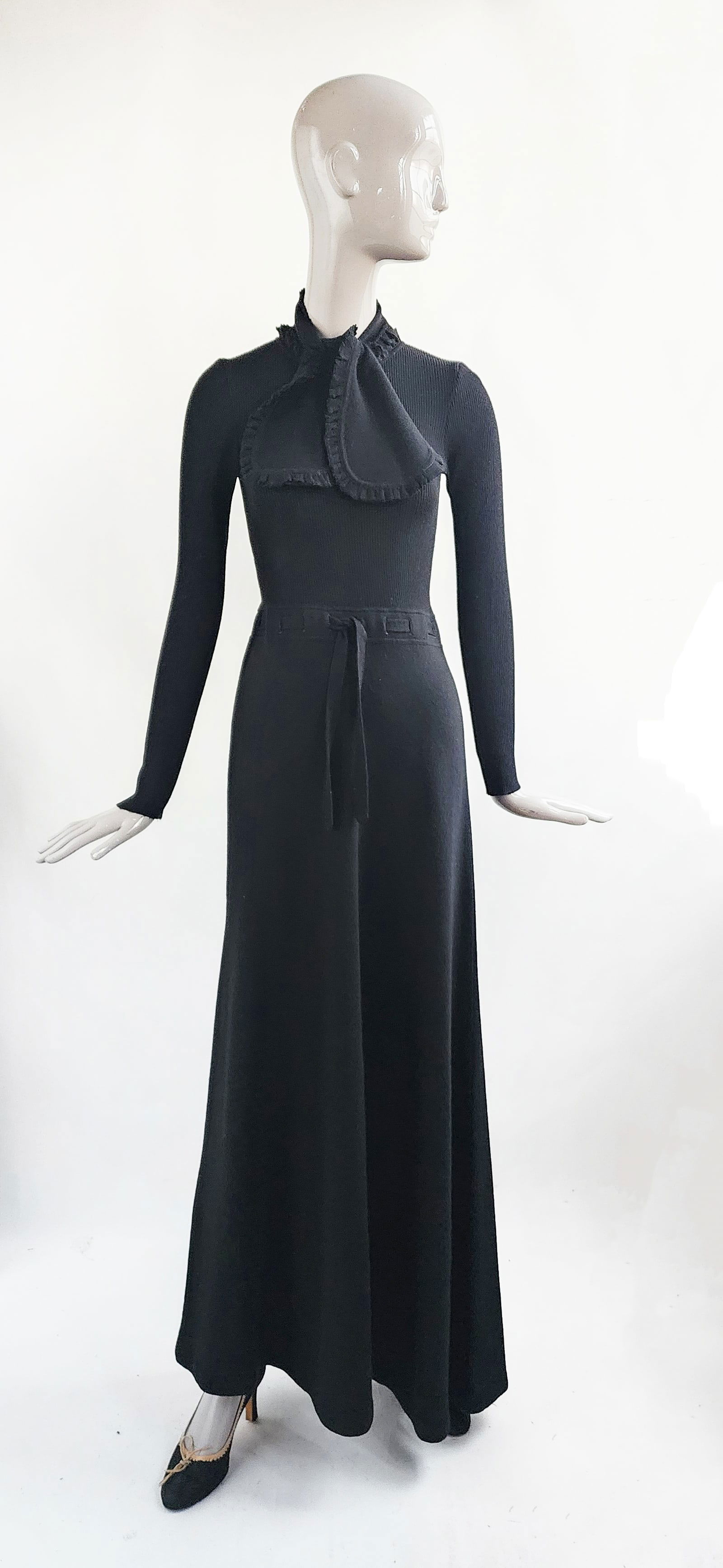 Italian Wool Knit Maxi Dress with Scarf, 1970s: Italian wool knit maxi dress with matching scarf, ca. early to mid 1970s. Approximately size small. Provenance: Estate of Mary Stone Phipps (1936-2022) (Mrs. Howard Phipps Jr.), Erchless House, Old We