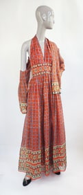 Custom Made Indian Woodblock Print Cotton Maxi Halter Dress & Jacket, 1970s