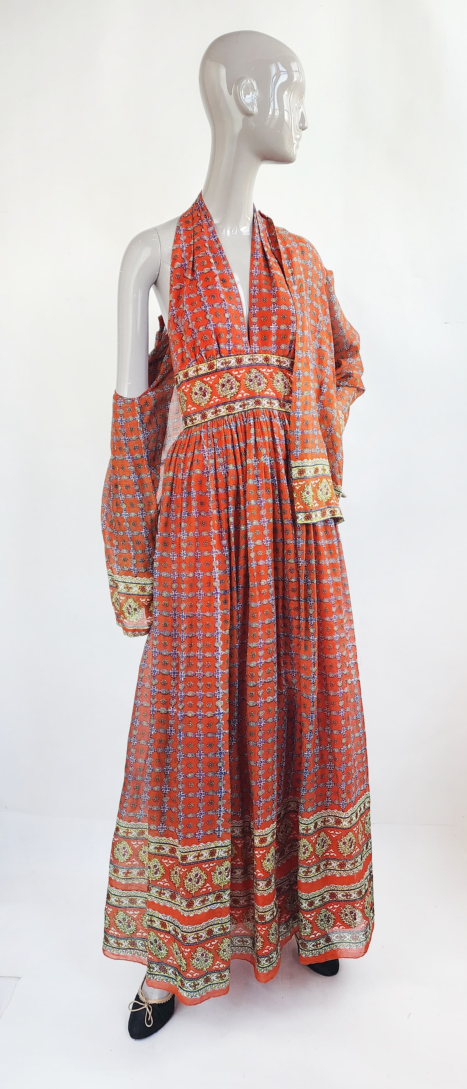 Custom Made Indian Woodblock Print Cotton Maxi Halter Dress & Jacket, 1970s (1 of 6)