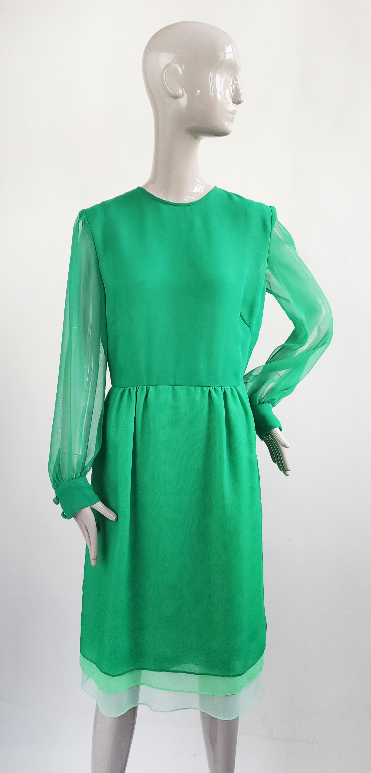 Jeane Eddy Ltd. Green Chiffon Dress, 1970s: Jeane Eddy Ltd. green chiffon dress, mid to late 1970s. Size label 12. Provenance: Estate of Mary Stone Phipps (1936-2022) (Mrs. Howard Phipps Jr.), Erchless House, Old Westbury, NY. Proceeds from the