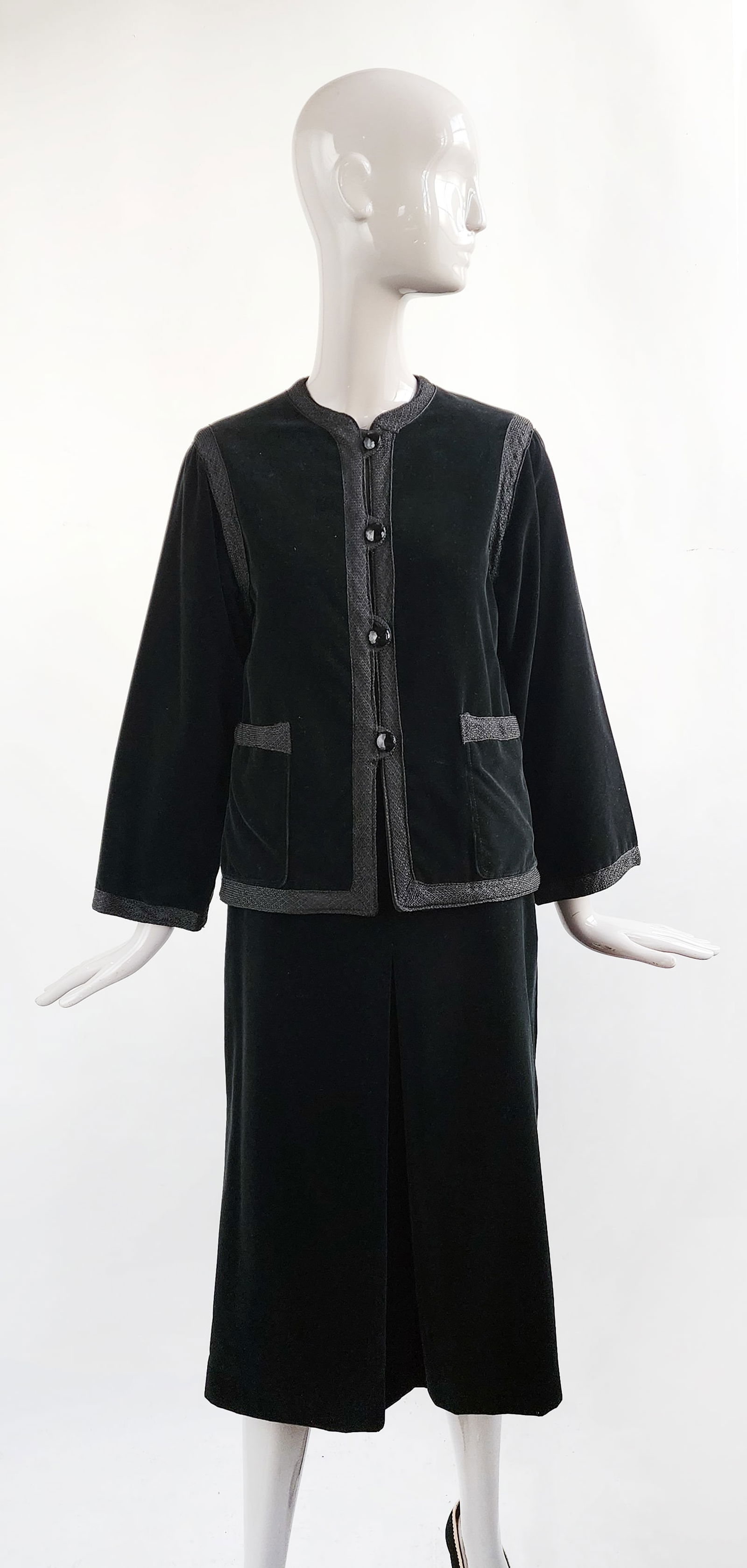 Designer Custom Made Black Velvet Skirt Suit, ca late 1970s (1 of 4)